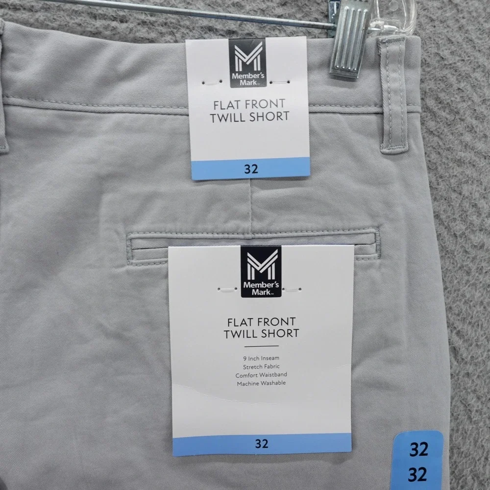 Member's Mark Mens Flat Front Twill Shorts Light Grey Size 32 NEW